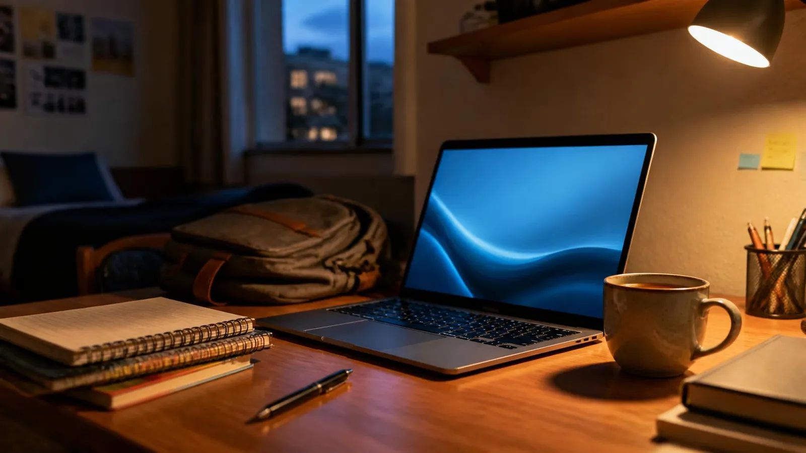 Laptop open on a study desk in a college hostel room with notebooks and a cup of tea