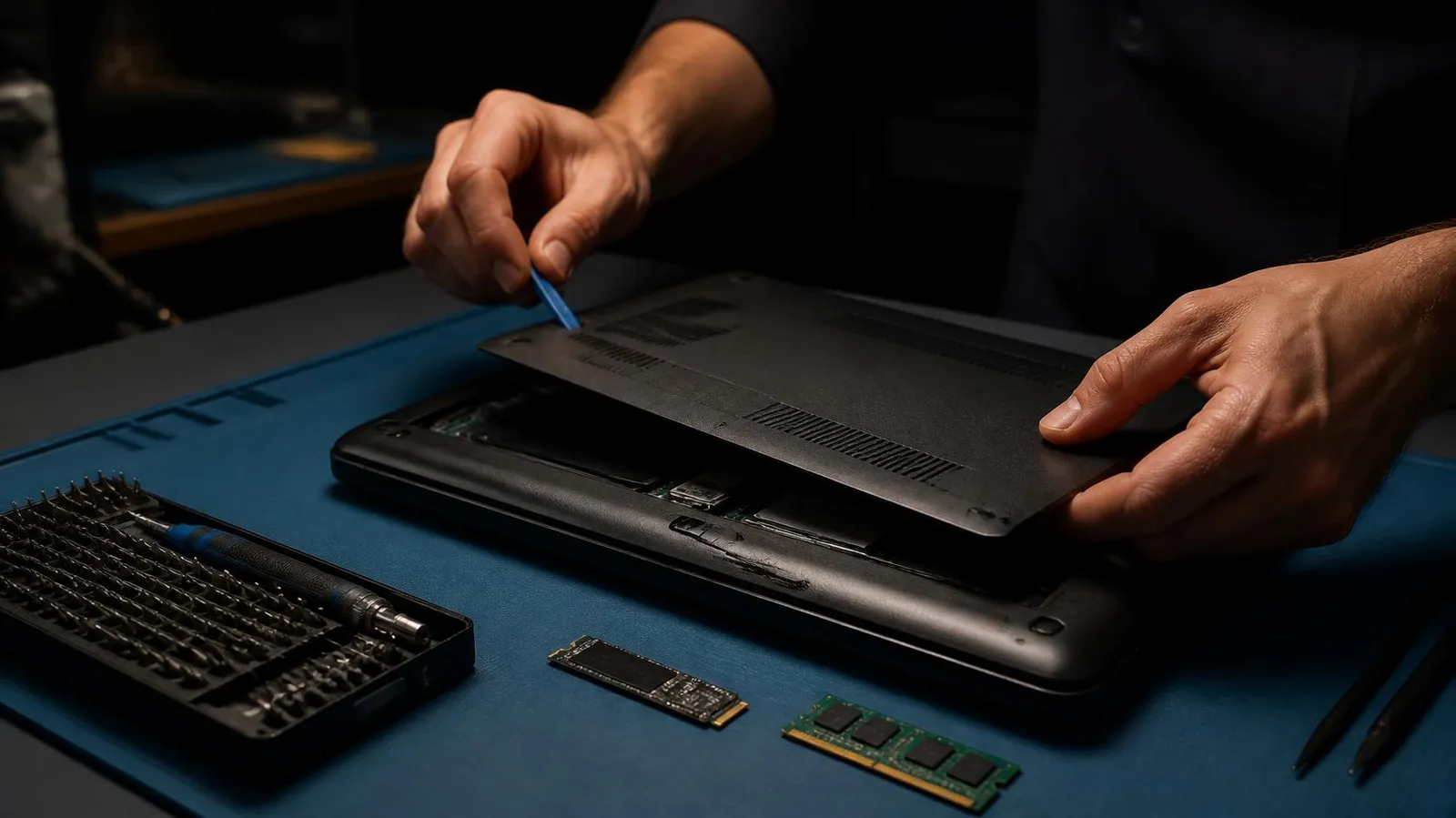 Technician opening the back panel of a laptop on an anti-static mat, with an SSD and a memory stick beside it