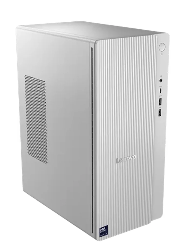 Silver Lenovo professional desktop tower with front USB ports and ventilated side panel